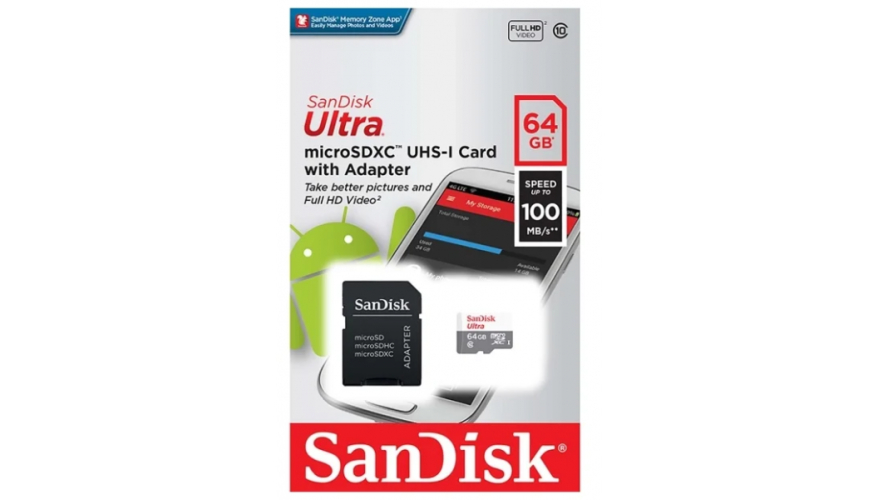 Micro SD 64GB SanDisk Ultra SDSQUNR-064G-GN3MA 100MB/s + SD адаптер 