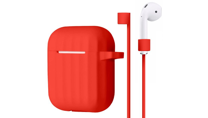 Чехол ребристый Bruno для AirPods с карабином и держателем наушников (Красный)