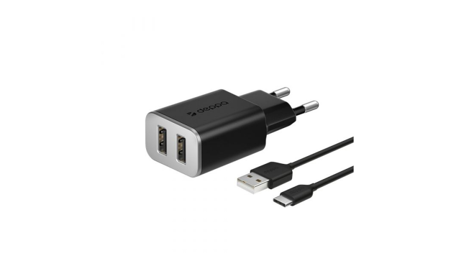 СЗУ Deppa Wall Charger 2 USB 2.4A + кабель USB - Type-C Black (арт.11382)