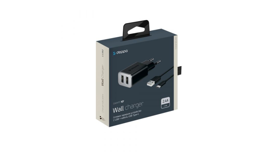 СЗУ Deppa Wall Charger 2 USB 2.4A + кабель USB - Type-C Black (арт.11382)