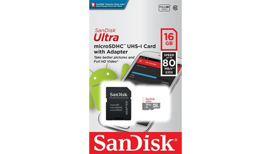 Micro SD 16GB SanDisk Ultra SDSQUNS-016G-GN3MA 80MB/s + SD adapter