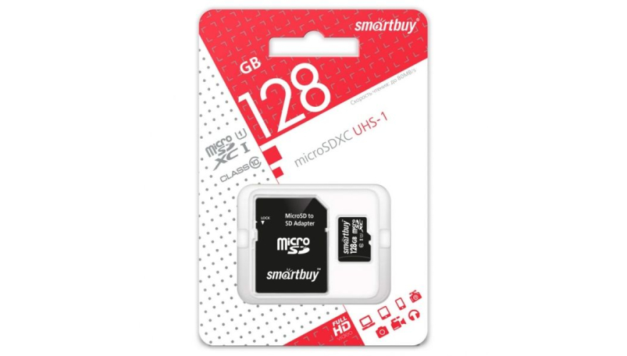 Карта памяти Micro SD Smartbuy 128GB Class10 90MB/s (SB128GBSDCL10-01) + SD adapter