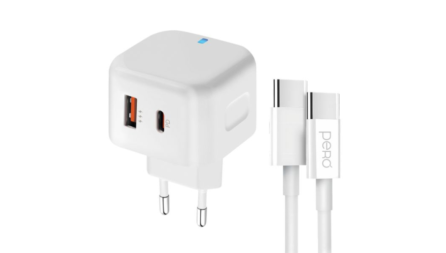 СЗУ PERO TC10 USB-C/USB-A Fast Charge 20W с кабелем Type-C - Type-C White (Белый)