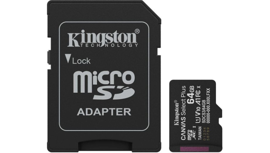 Карта памяти Micro SD Kingston Canvas Select Plus 64GB Class10 150MB/s (SDCS3/64GB) + SD adapter