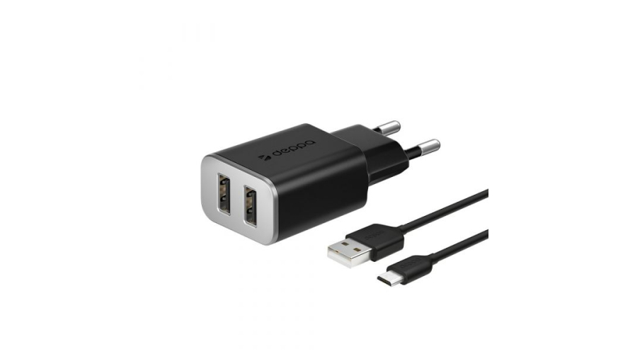 СЗУ Deppa Wall Charger 2 USB 2.4A  + Кабель micro USB Black (арт.11381)